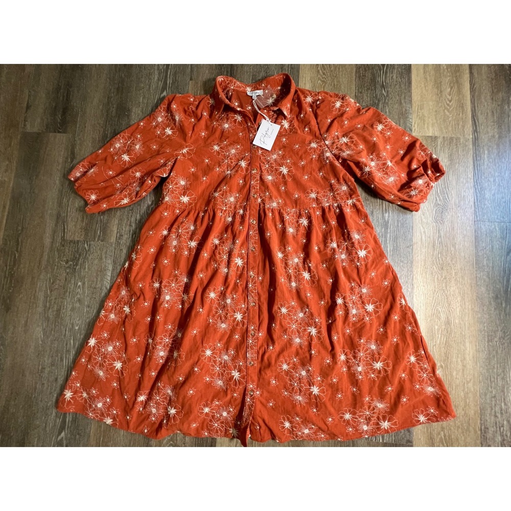 Polagram Shirt Dress Women 1XL Orange Corduroy Floral Embroidered Tiered Puff